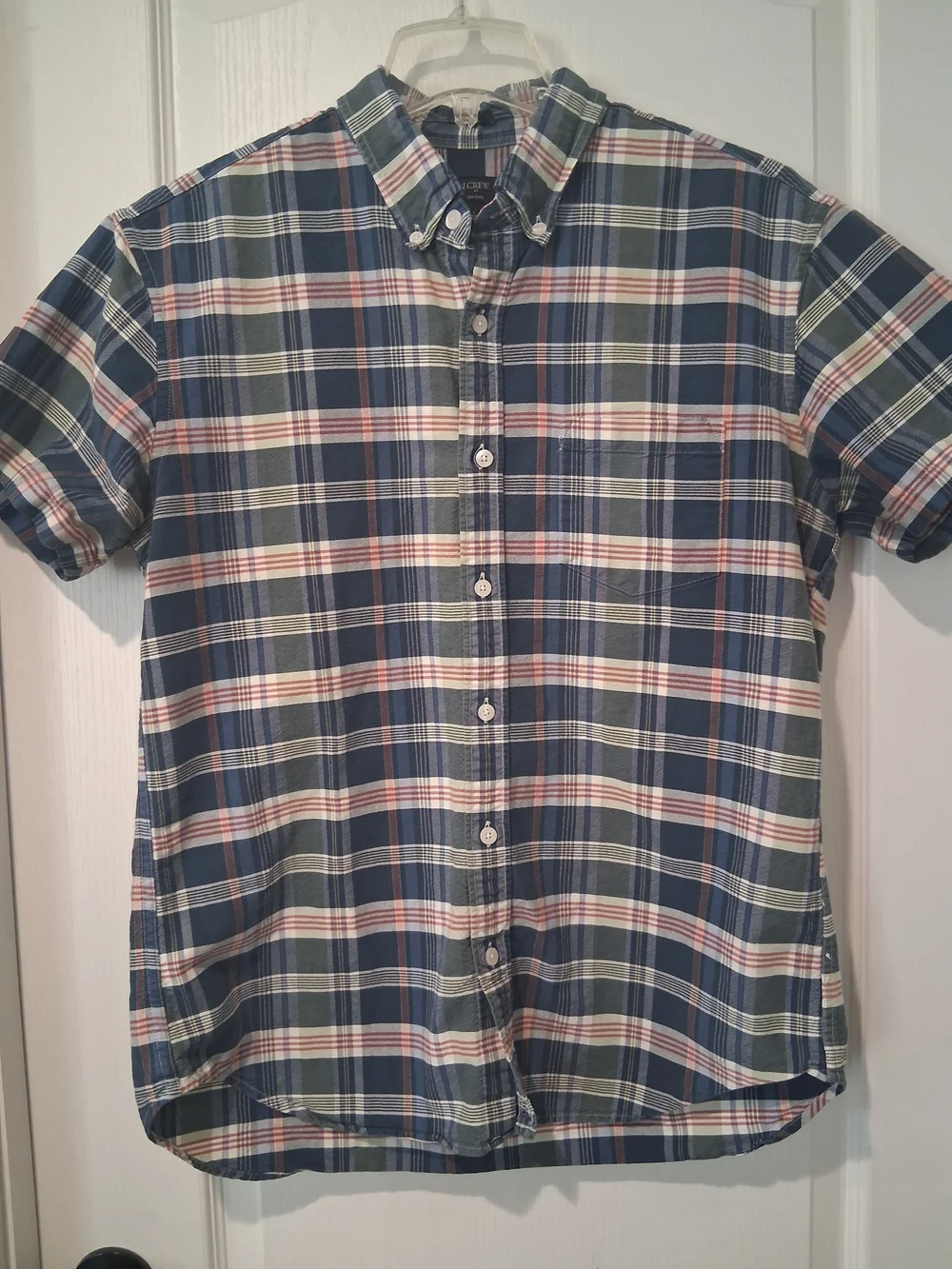 J.CREW Men L Oxford Cotton Plaid Button-Up Shirt Short Sleeve Blue Green
